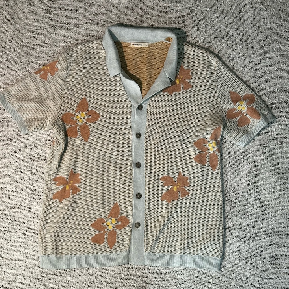 Marine Layer Cream Short-Sleeve Knit Button-Down with Peach Floral - Picture 2 of 7